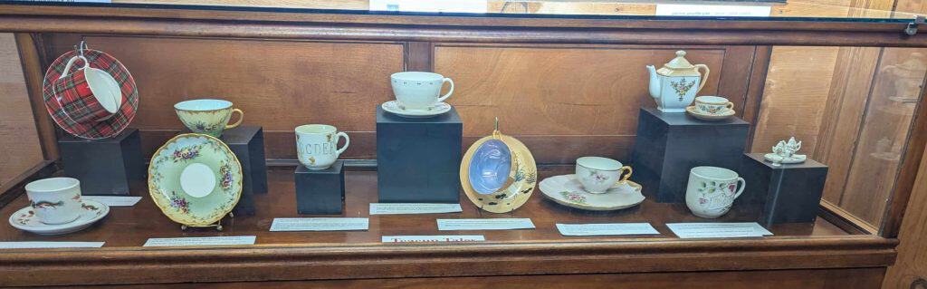 Elegant tea sets belonging to the Washington family displayed at the museum.